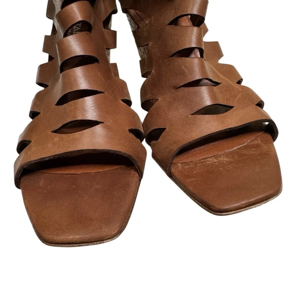 Aquatalia‎ Brown Leather Cage Woven Wedge Sandals Womens Size 9.5